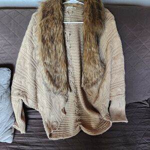 Taylor & Sage Beige Cardigan with Faux Fur Trim
